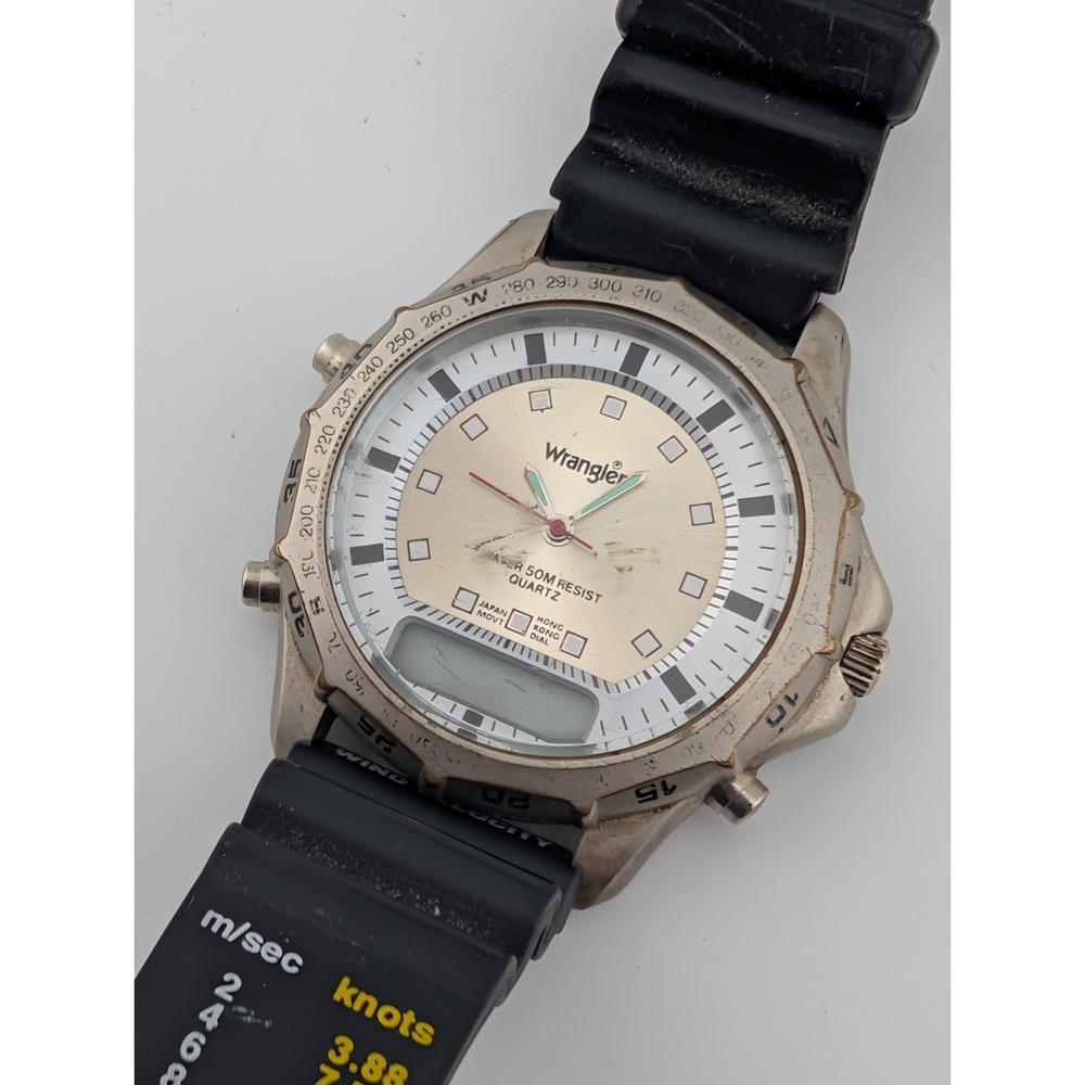 Vintage Wrangler Watch Men 43mm Case Analog-Digital‎ Black Band- New Battery